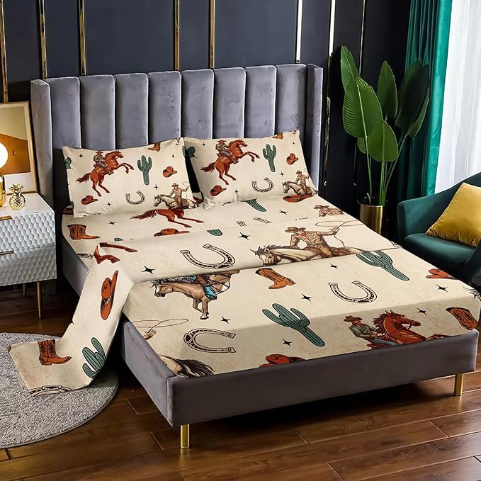 Western Cowboy Horse Sheet 4Pcs Queen Wrangler Cactus Bedding Set for Teen Girl Boy Adult Horseshoe Riding Boots Bed Decor Brown Vintage Sheet with 1 Flat Sheet and 1 Fitted Sheet+2 Pillowcases