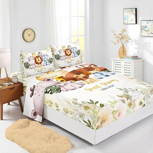 Wild Animal Hippo Bed Set - 4 Pc Kawaii Cute Elephant Lion Giraffe Monkey Sheets for Kids - Queen Size with 1 Flat, 1 Fitted + 2 Pillowcases