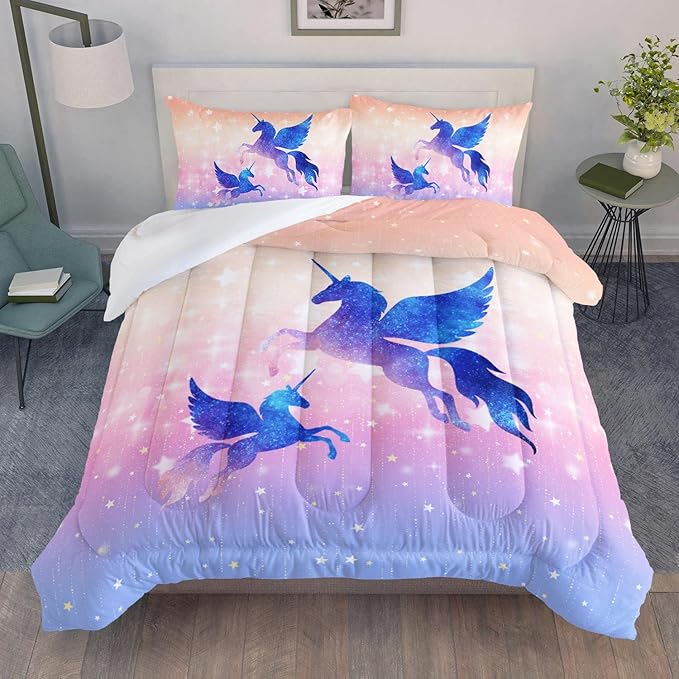 Bedding Comforter Set Starry Sky Unicorn Printed Pattern Quilt with 1 and 2 Pillowcases for Girls Bedroom All Season(Purple Twin) Twin 68x86inches