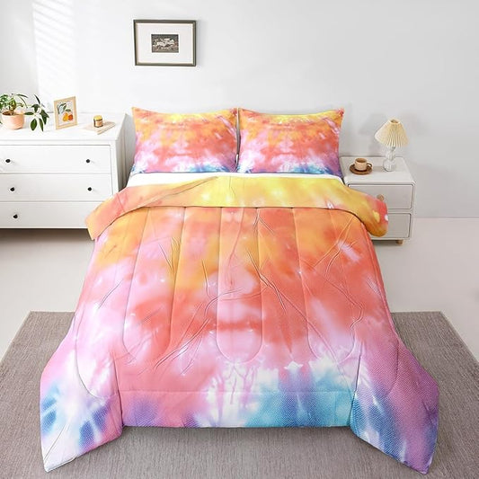 Boho Comforter Set Spiral Tye Dye Pattern 3pc Down Comforter King Size Rainbow Bedding Sets with 2 Pillowcases Soft Comfortable Machine Washable,Trippy Psychedelic Gypsy Duvet Quilt Set for Teen Girl