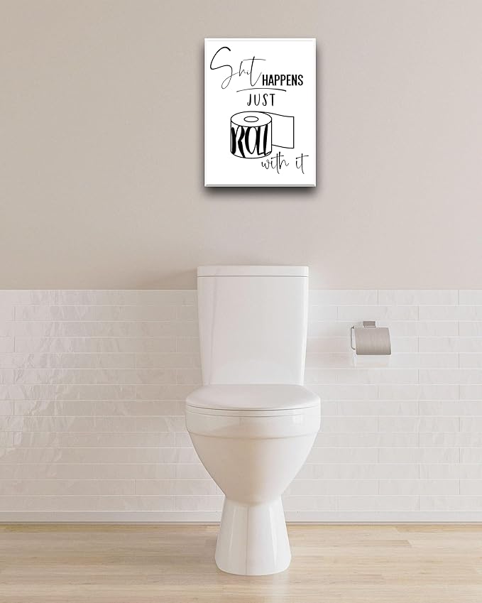 UPWOIGH Funny Bathroom Wall Art Decor, Black and White Toilet Paper Wall Art, Waterproof Wood Framed Canvas Wall Art, Downstairs Toilet Humor Abstract Prints, 12x16in Pictures 1 Pack