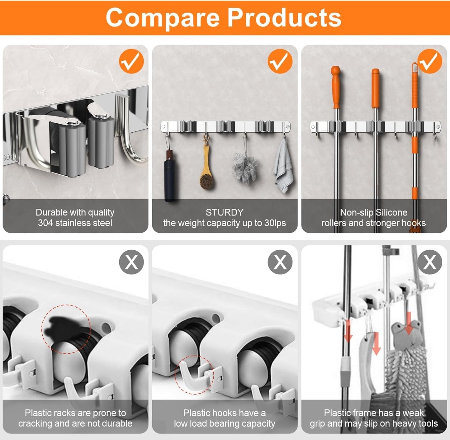 2 Pack Mop and Broom Holder Wall Mount, Non-slip Broom Hanger Wall Mount, Heavy Duty Mop Broom Organizer for Kitchen Garden Garage Laundry Room Wall Decor Organization and Storage Silver 4R5H