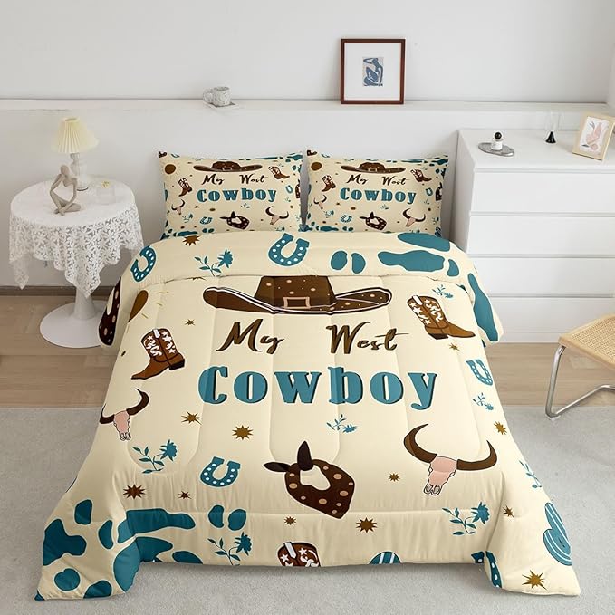 Western Cowboy Bedding Set Queen Size,Cowboy Boots Horseshoe Comforter Set 3Pcs for Kids Girls Boys Teens Room Decor,Southwest Quilt Set Blue Brown Cowhide Print Duvet Insert,2 Pillowcases