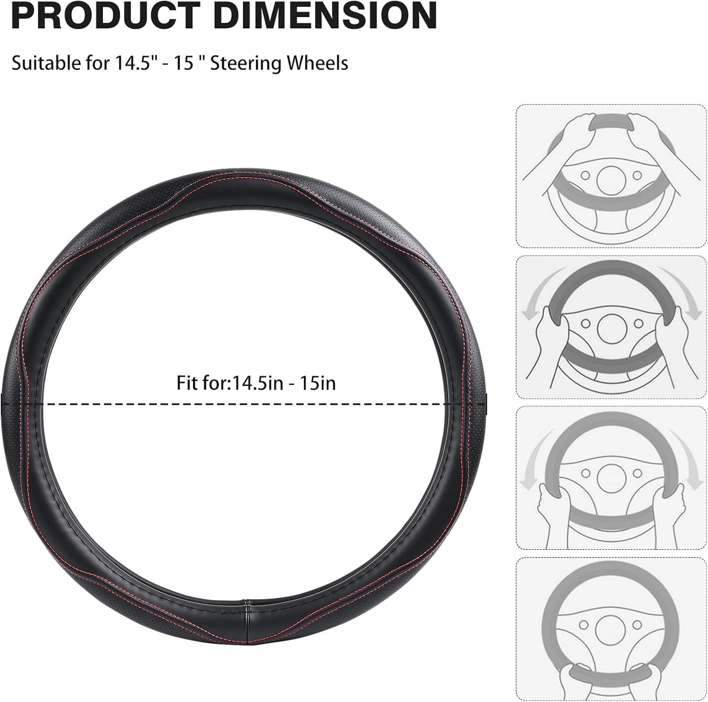 High-Grade Real Cowhide Steering Wheel Cover for Men Women，Black Genuine Leather Steering Wheel Cover for Cars,Universal 14.5-15 inch Steering Wheels