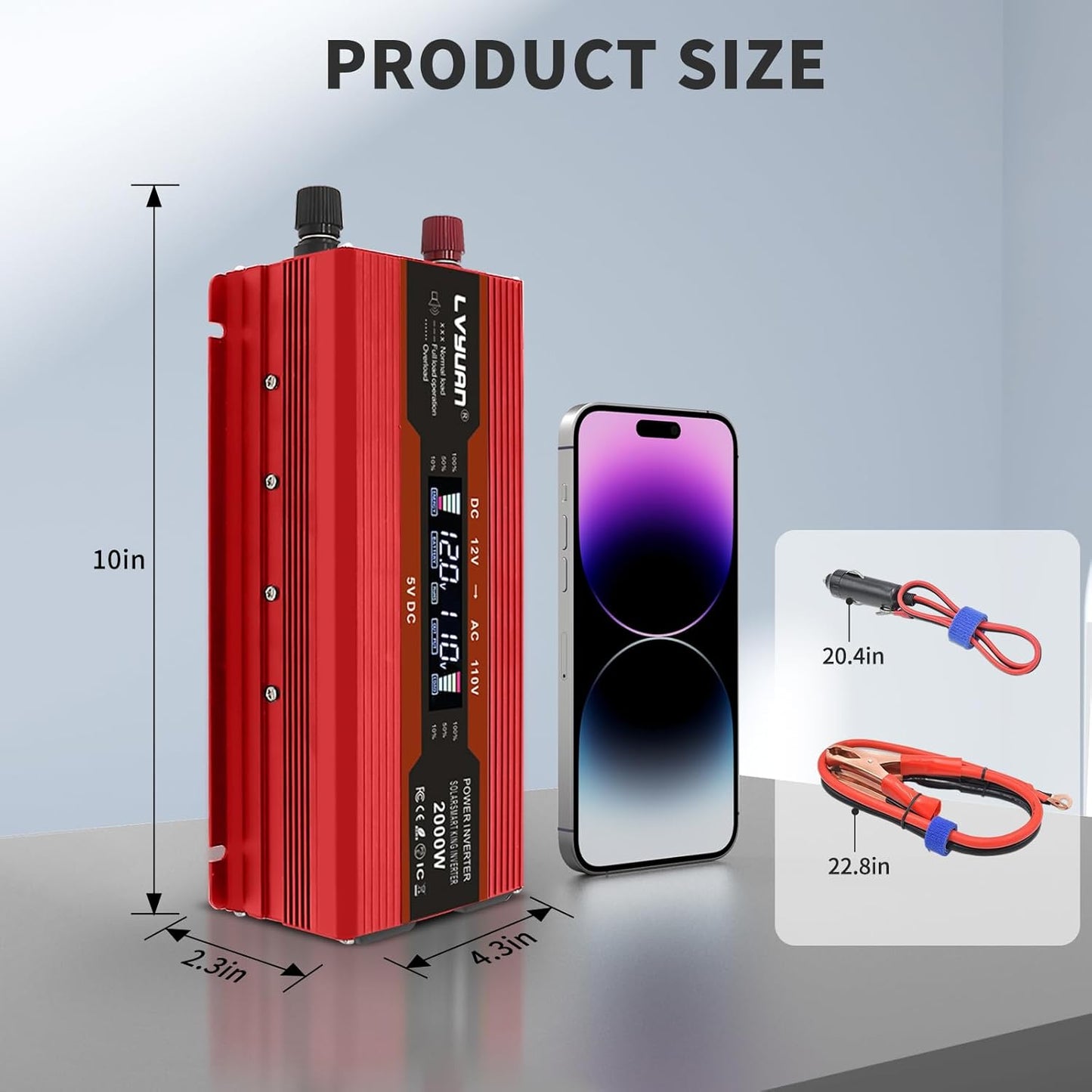 Power Inverter 1000W/2000W (Peak) Dual AC Outlets and Dual USB Charging Ports DC 12V to 110V AC Car Converter with Digital Display