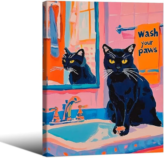Black Cat Wash Your Paws Fun Wall Art Funky Colorful Bathroom Animal Poster Playful Kitsch Dopamine Aesthetic Canvas Pictures 08x10 inch Framed for Bathroom Wall Decor