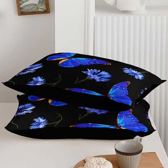 BSNTHO Butterfly Comforter Set for Girls Kids Royal Blue Daisy Floral Bedding Sets Mysterious Black Blue Butterfly Comforter Queen Size with 1 Comforter and 2 Pillowcases