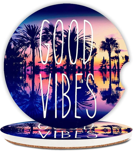 Summer Trees Absorbent Car Coasters,Good Vibes Ceramic Cup Holders Coasters with a Finger Notch for Women Men 2.56"(2 Pieces)