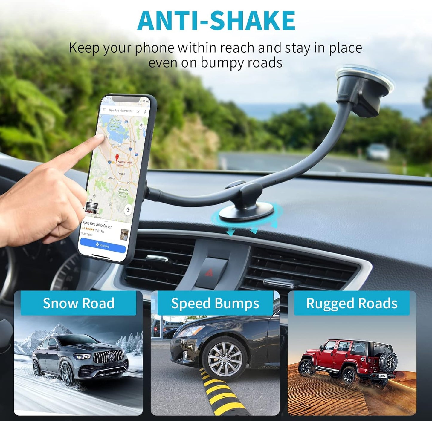 APPS2Car Magnetic Phone Holder Mount with 13-inch Flexible Long Arm & 6 Strong Magnets, Anti-Shake Holder for Truck Windshield Dashboard, Suction Car Mount for All Phones