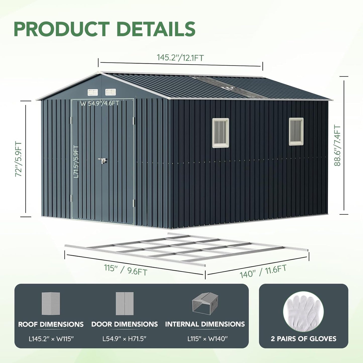 10X12X7.5 FT Outdoor Steel Storage Shed with Lockable Doors, 2 Windows, Transparent Roof Panels, Metal Frame Floor (Wood Panels Not Included), Ideal for Backyard, Patio Storage,Chicken Coop
