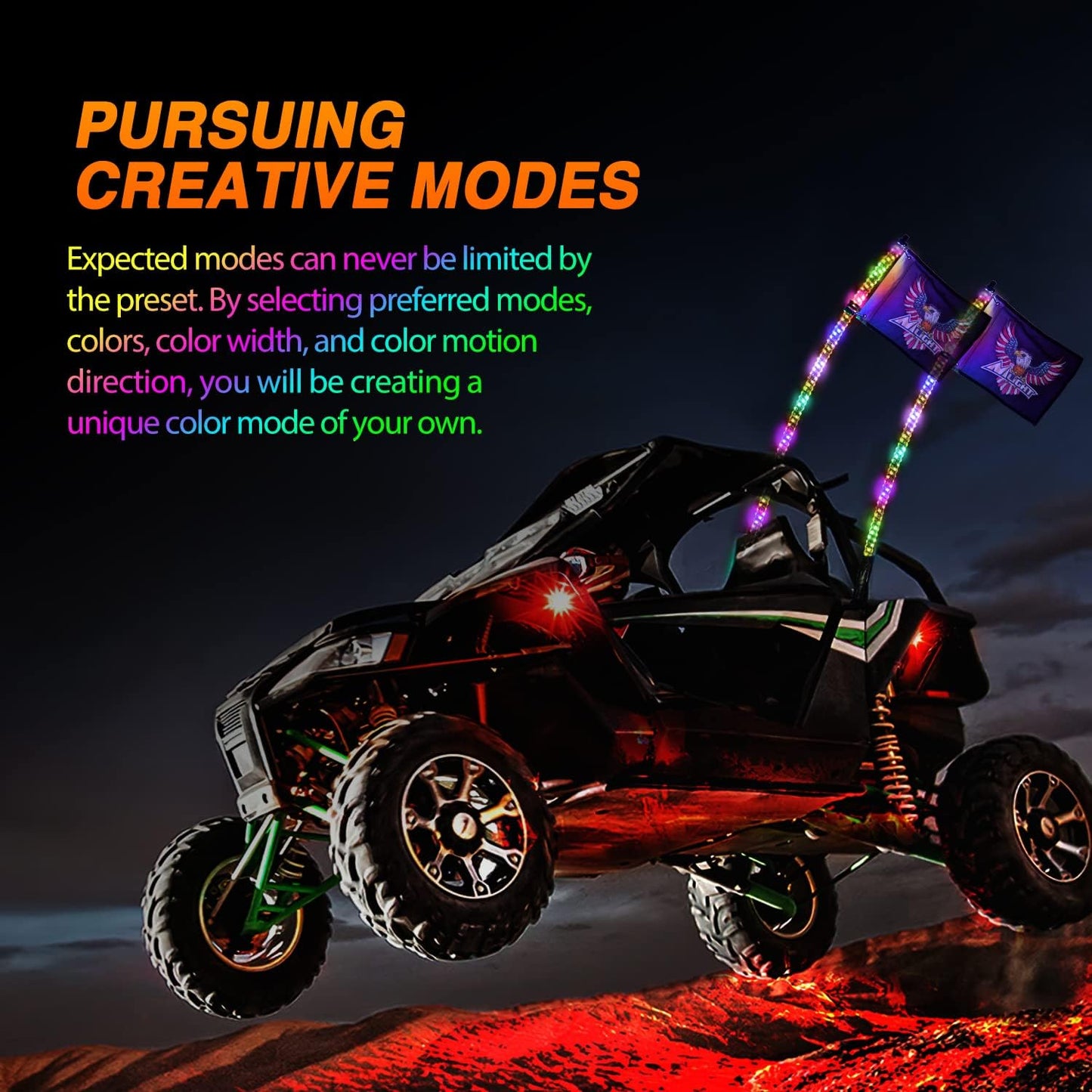 Nilight 2PCS 4FT RGB LED Whip Lights, Remote App Control w/DIY Chasing Patterns Stop Turn Reverse Modes Safety Lighted Antenna for ATV UTV Polaris RZR Can-am Dune Buggy Jeep