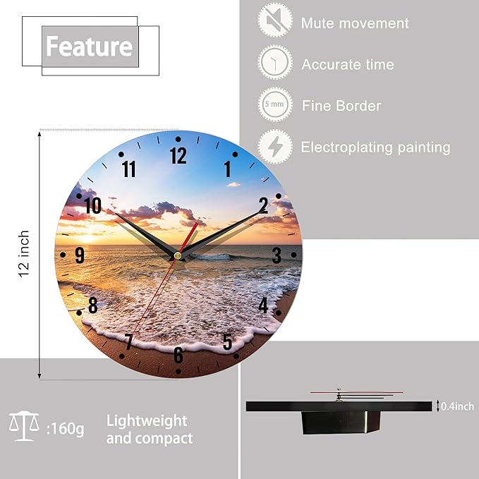 SPUNKER Clocks for Living Room,Ocean Beach Kitchen Wall Clock,Sea Sunrise Clocks 10 Inch Silent Non-Ticking Wall Battery Operated for Living Room Bedroom Bathroom Laundry Room Decor