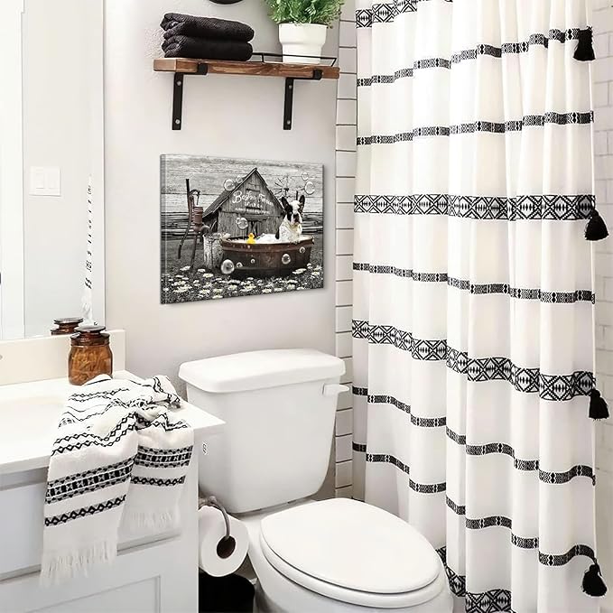 Boston Terrier in Bathtub Wall Art Funny Dog Pictures Wall Decor Farmhouse Bathroom Decor Painting for Bathroom Prints Black and White Artwork Framed 12"x16"