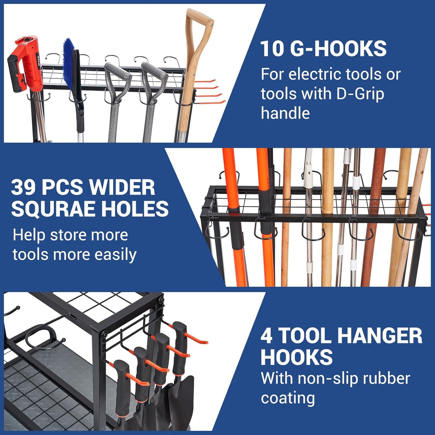 Garden Tool Organizer, Yard Tools Rack Holds 55 Long-Handled Tools/Rakes/Brooms for Garage Organization and Storage, Shed, Outdoor, Lawn, Heavy-Duty Steel, Black, Easy Assembly