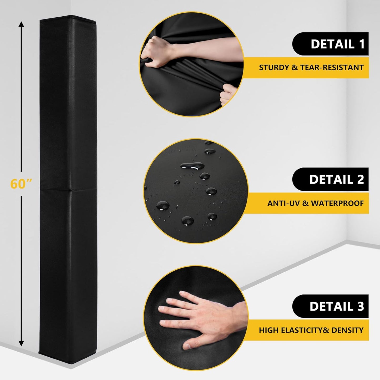 Wall Corner Guards & Edge Protector, Heavy Duty Wall Corner Protective Safety Padding, All-Weather 2 Sides Corner Pad for Gyms, Basketball Court, Playrooms, Garages,etc. (Black, 5FT Tall 6in Sides)