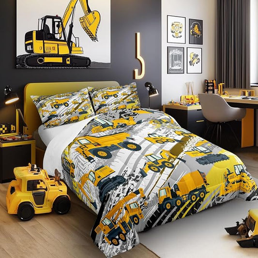 Boys Construction Comforter Set Truck Bedroom Decor for Kids Girls Under Construction Vehicles Down Comforter Nursery Children Cartoon Machinery Truck Excavator Bedding Tractor Cars Duvet Quilt,Full