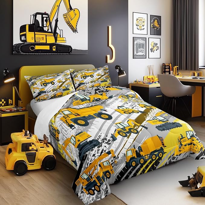 Boys Construction Comforter Set Truck Bedroom Decor for Kids Girls Under Construction Vehicles Down Comforter Nursery Children Cartoon Machinery Truck Excavator Bedding Tractor Cars Duvet Quilt,Twin