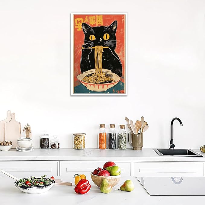 Vintage Cute Black Cat Eats Lamian Noodles Poster Prints Lamian Noodles Canvas Wall Art Cute Black Cat For Home Bedroom Kitchen Dorm Wall Decor 16x24in Unframed