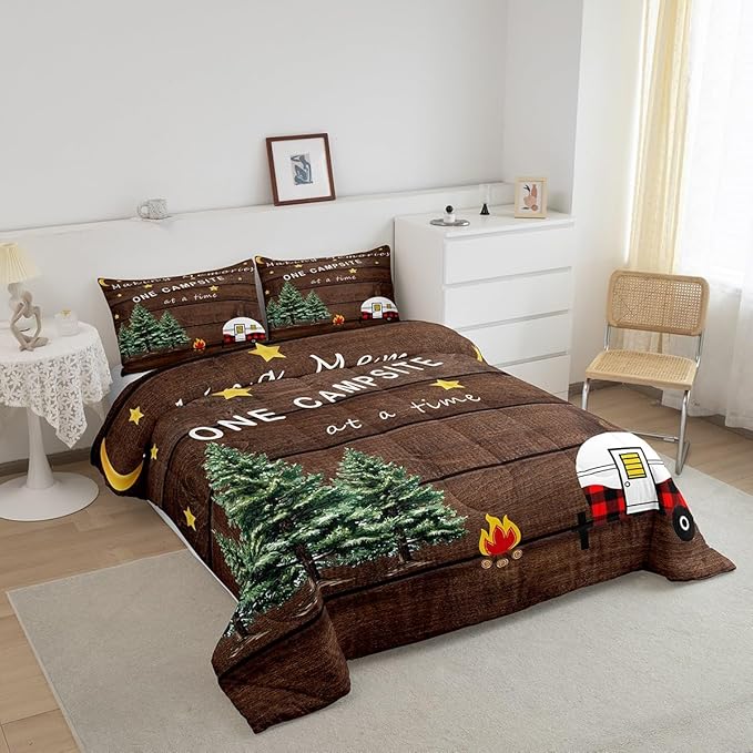Camping Comforter King for Kids Boys Girls Adult Teens,Camper Bedding for Travel Trailers,Happy Camping Starry Sky Down Comforter Warm,Retro Barn Door Moon Stars Quilted Duvet with 2 Pillowcases