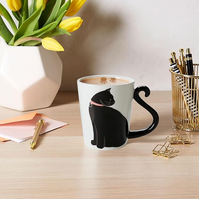 VOTUM White Ceramic Coffee Mug or Tea Mugs: Animal Shaped Mugs with Hand Printed Designs and Printed Saying - 12 Fluid Ounce Large, Cute Handmade Cup Gift - Black Cat