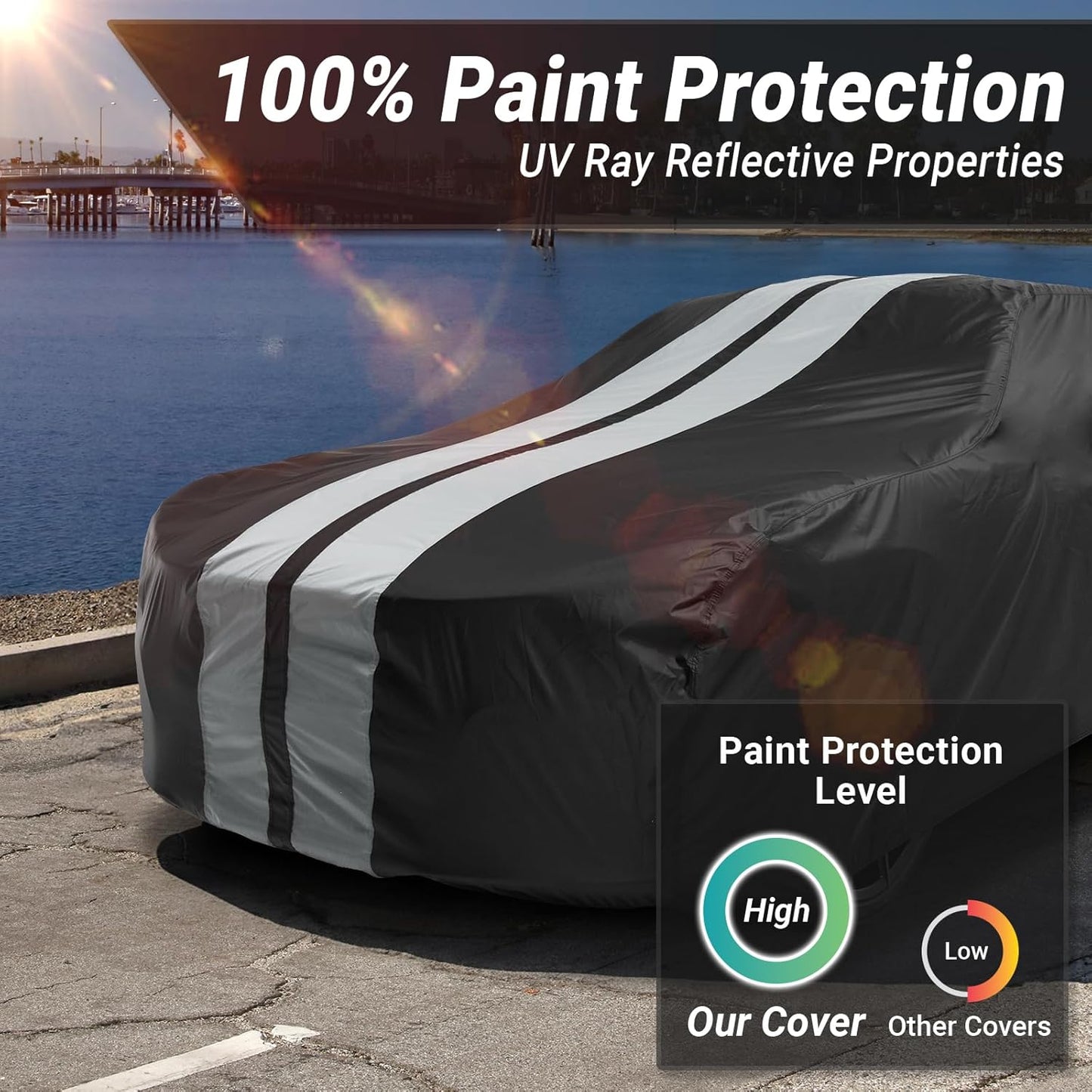 iCarCover Custom Car Cover for Pontiac Lemans 4-Door (1973-1977) Waterproof All-Weather Rain Snow UV Sun Protector Full Exterior Indoor Outdoor Car Cover (Stripe - Black/Gray)