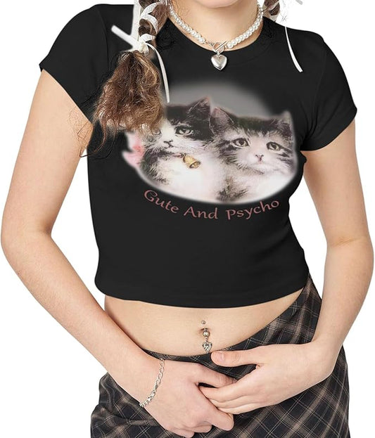 Tuislay Cat Baby Tees for Women Cute Y2k Coquette Shirt Funny Cropped Graphic Tees Top Downtown Girl Aesthetic Grunge Clothes