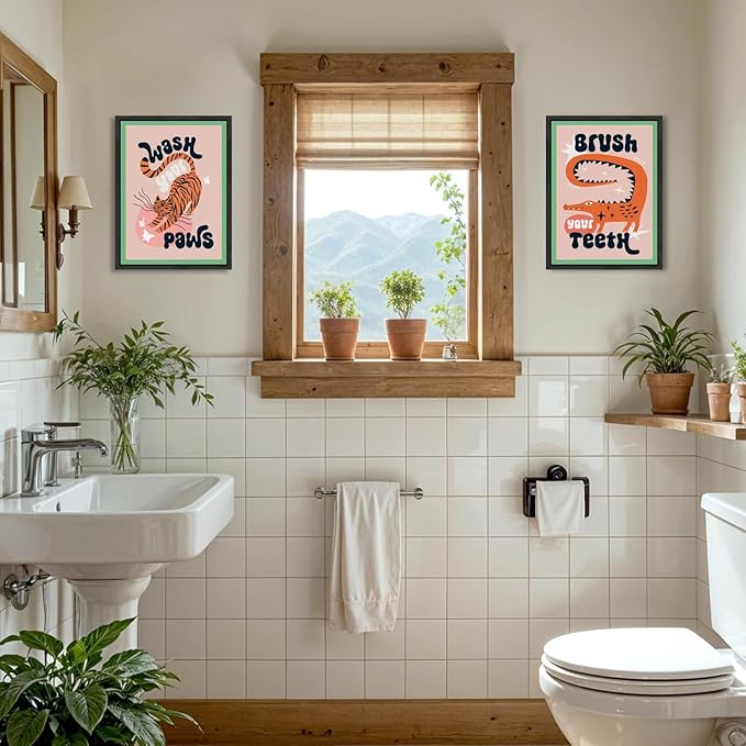 YFvrPt Funny Bathroom Animal Wall Art Tiger Wash Your Paws Bathroom Wall Decor Cute Eclectic Sign Canvas Poster Prints Maximalist Toilet Pictures 12x16 inch Black Framed