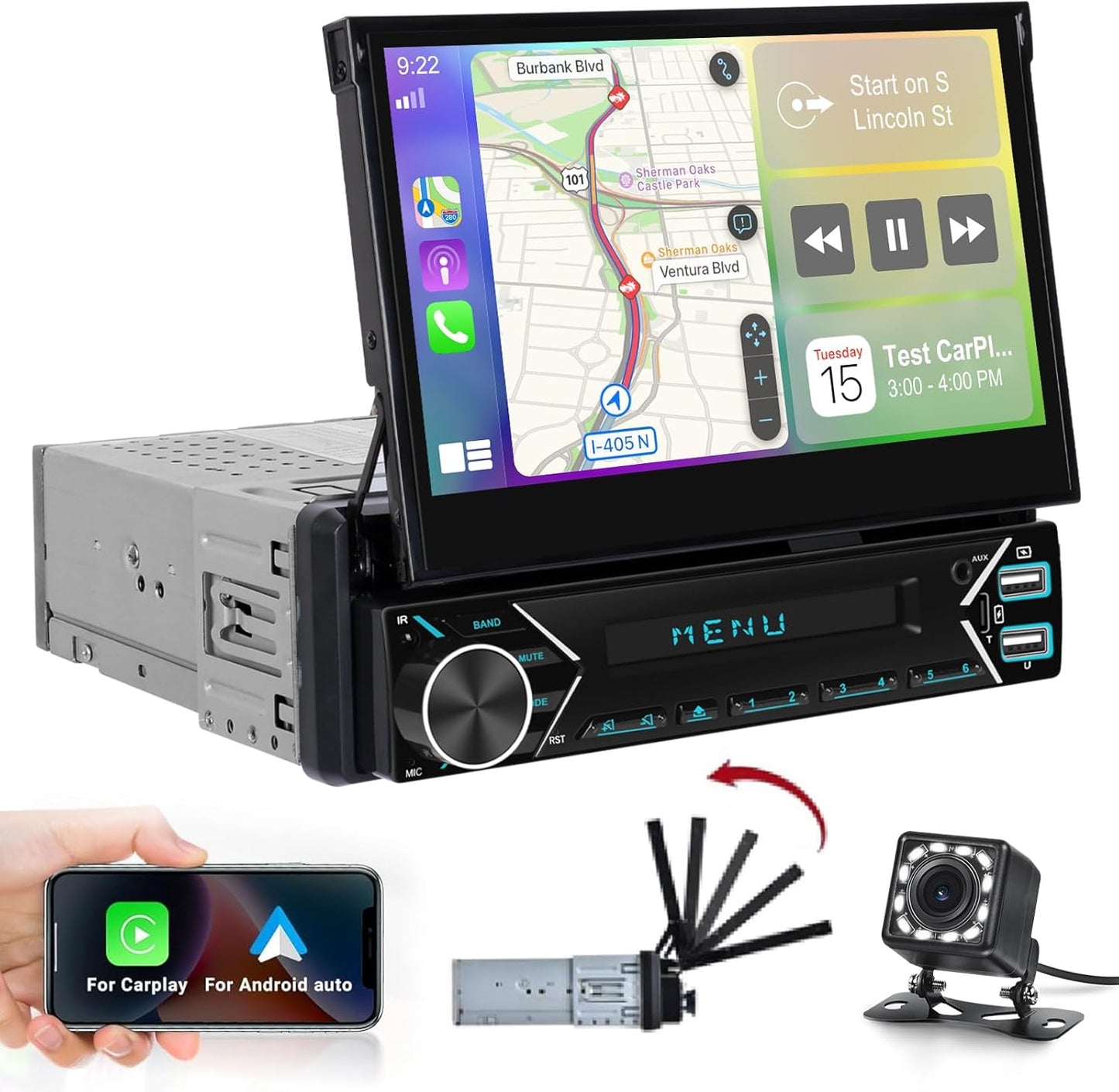 Single Din Car Stereo with Wireless Carplay and Android Auto - 7 Inch Automatic Flip Out Touchscreen Car Radio - Bluetooth/Mirror Link/SWC/FM + 12leds Backup Camera
