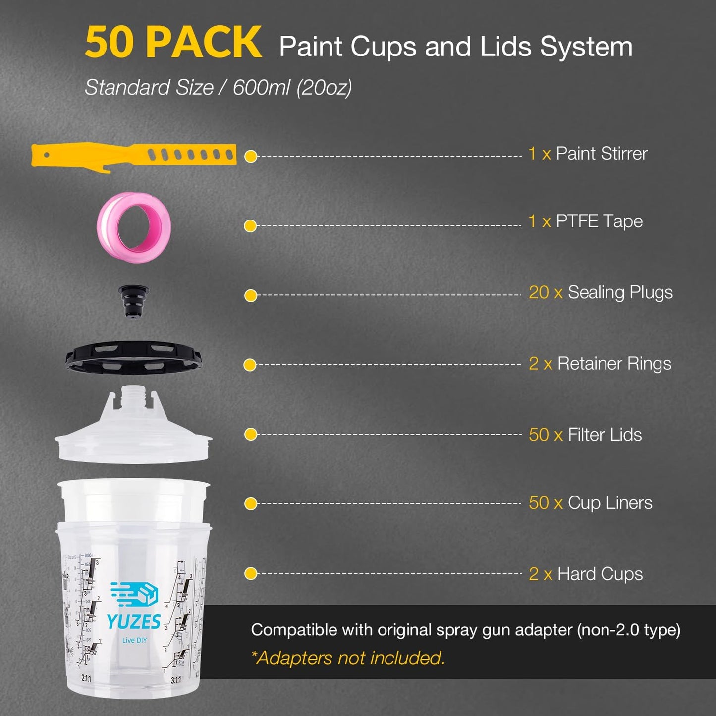 YUZES Disposable Paint Cups for Spray Gun 20 Ounce (600ml), 50 Disposable Paint Cup with Lids, 2 Hard Mixing Cups with Retainer Ring, 20 Plugs, PTFE Tape, Stirrer, for LVLP HVLP Spray Gun