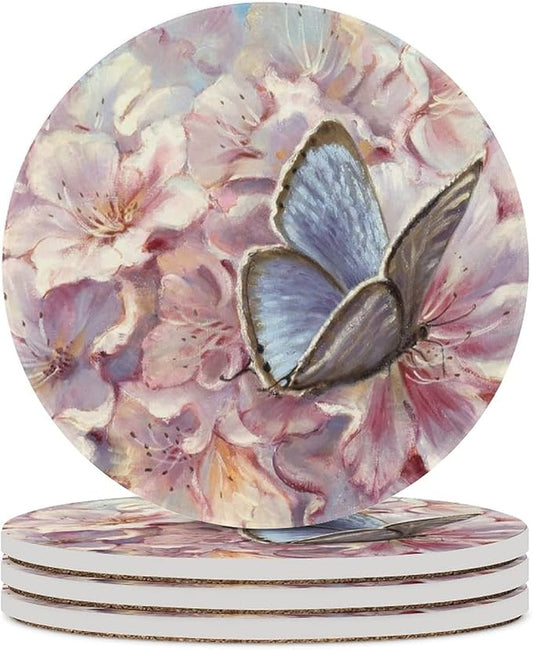 Butterfly Coasters for Drinks Pink Flower Background Set of 4, 4 Inch Absorbent Ceramics Flower Coasters for Coffee Table with Cork Base, Tabletop Protection、
