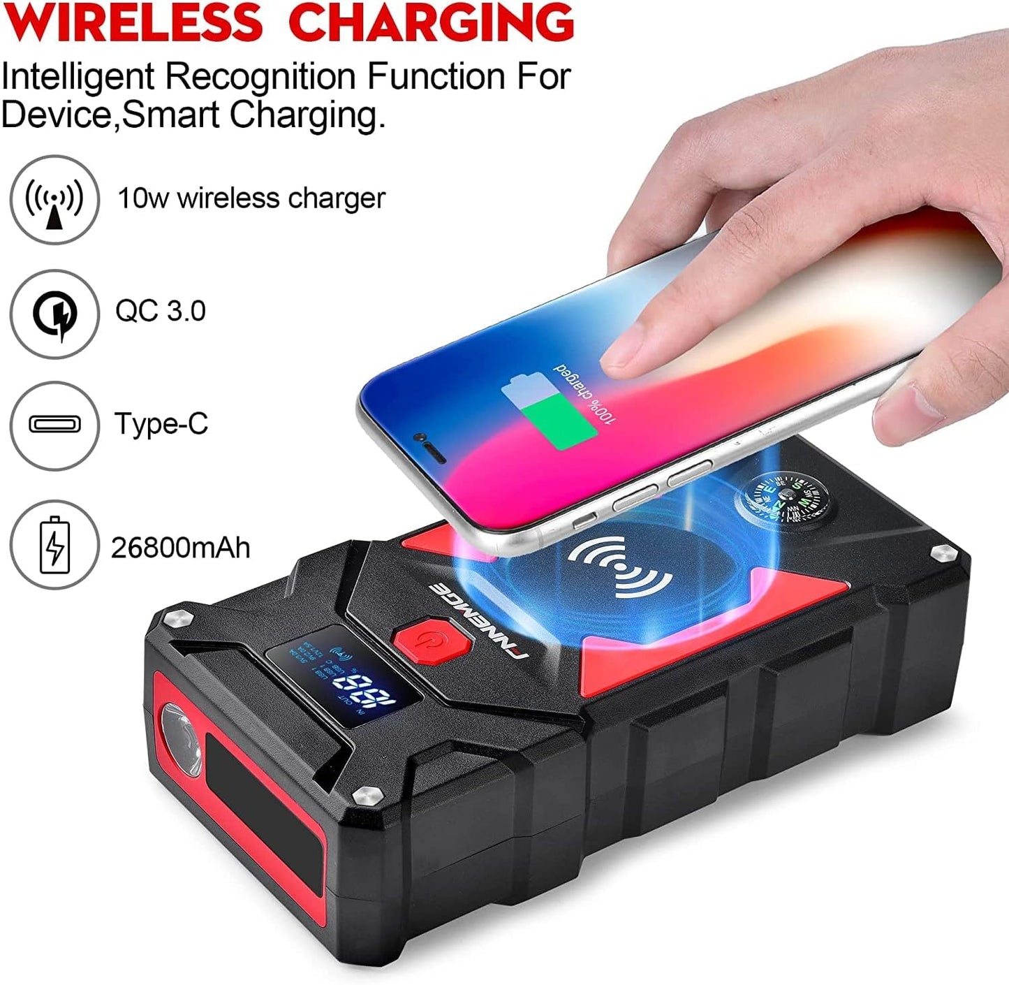 Car Jump Starter, 6000A Peak 26800mAh 12V Car Battery Starter(Up to All Gas, 10.0L Diesel Engine), with USB Quick Charge 3.0,LED Light,12V EC-5 Output.