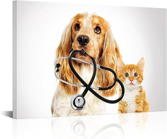 Canvbay Dog and Cat Canvas Wall Art Animal Clinic Painting Prints Veterinary Artwork for Home Vet Veterinarian Office Pet Shop Hospital Decor 16x24Inches