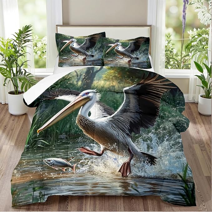 Wildlife Theme Comforter Set Twin Modern Bedroom Decor Bedding Set Funny Aesthetic Animal Bedding Nature Bird Fish Pattern Bed Set with 1 Pillowcase Soft Microfiber