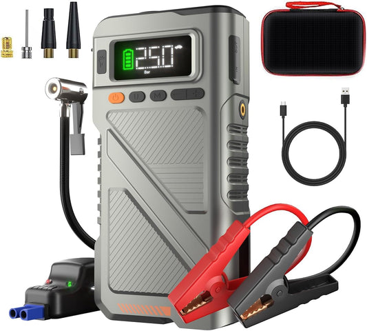9000A Jump Starter with Air Compressor, Car Charger Portable Jump Box for Car with 150PSI Tire Inflator, Power Pack Jumpstart 12V Vehicle for All Gas/12L Diesel w/Extended Jumper Cable
