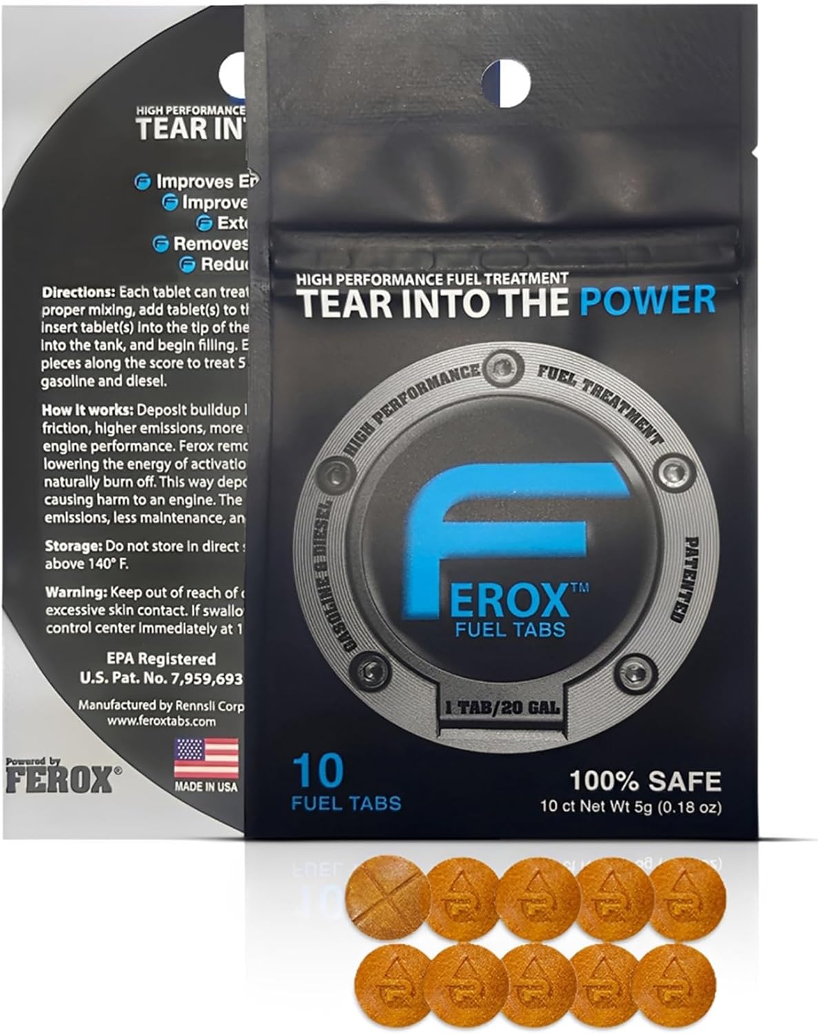 Ferox Fuel Additives | 10 Tabs for Car | Fuel System Cleaner for Gasoline & Diesel Engines | Eco-Friendly Fuel Injector Cleaner & Fuel Stabilizer to Boost Power | 1 Tab Treats 20 Gallons / 80 liters