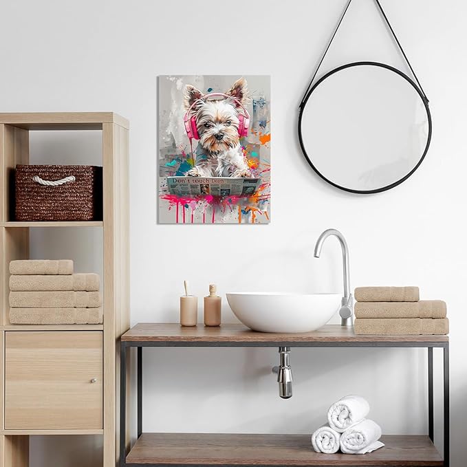 Ypxzzj Cool Colorful Graffiti Dog Wall Art for Bathroom, Funny Animal Canvas Print Painting for Bedroom,Graffiti Art Pictures for Living Room Home Decor Size 12x16Inch Framed Ready to Hang