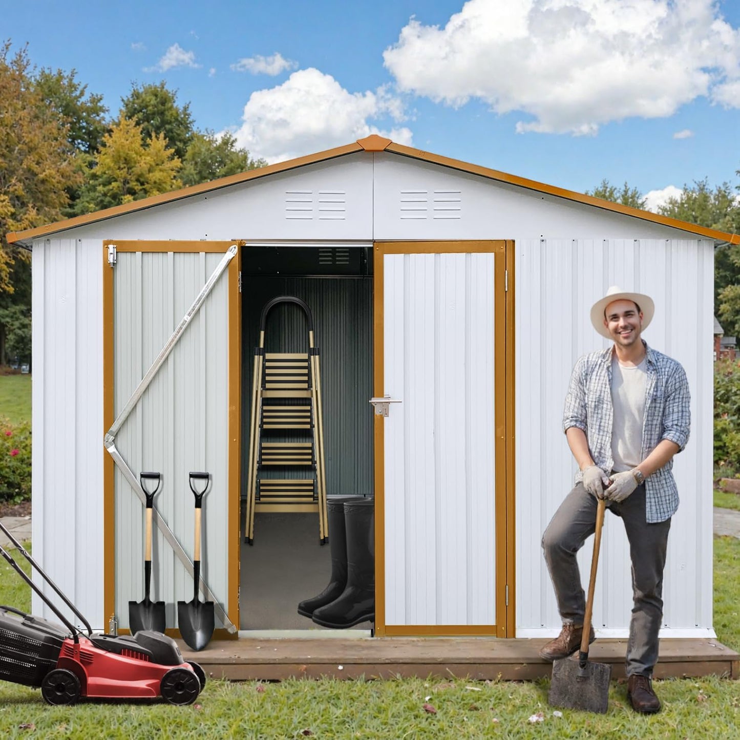 10 x 12 FT Outdoor Storage Shed, Metal Garden Tool Shed with Slooping Roof, Lockable Doors and Windows, Easy to Assemble for Garden, Patio, Lawn, White+Yellow
