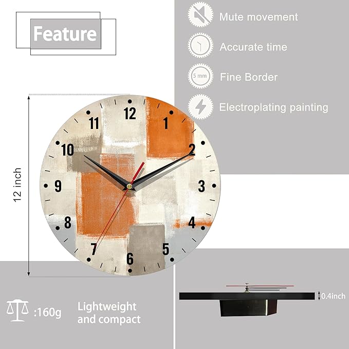SPUNKER Clocks for Living Room,Orange Modern Art Wall Clock Battery Operated 10 Inch,Abstract Painting Round Clock Silent Non-Ticking Wall Decor for Farmhouse Office Home School Living Room Bedroom
