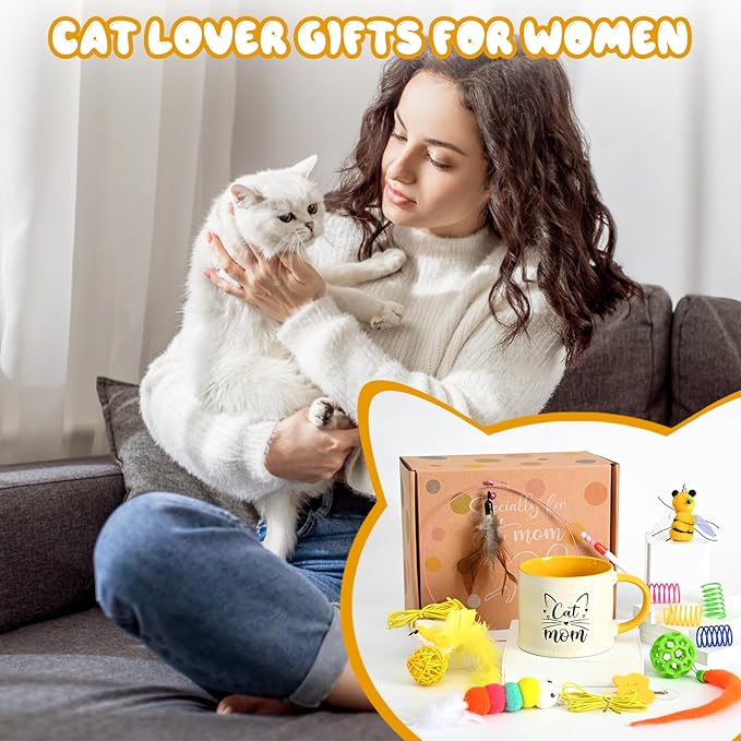 YHRJWN Cat Mom Mothers Day Gifts, Cat Lover Gifts for Women, Christmas Birthday Gift for Mom Wife Daughter Friends, 14 Oz with Toys