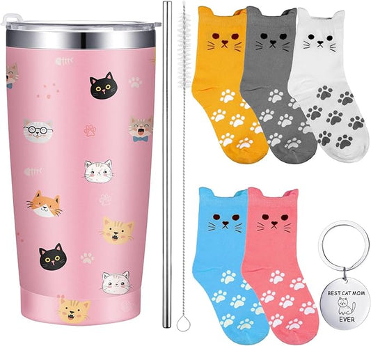 Sliner Teachers Appreciation Gifts Set for Cat Lover, Cat Mom Tumbler with Lid Straw 5 Pairs Cute Socks and Mom Ever Keychain Gifts for Teacher Nurse Grandma, Women Friend Birthday Mother's Day