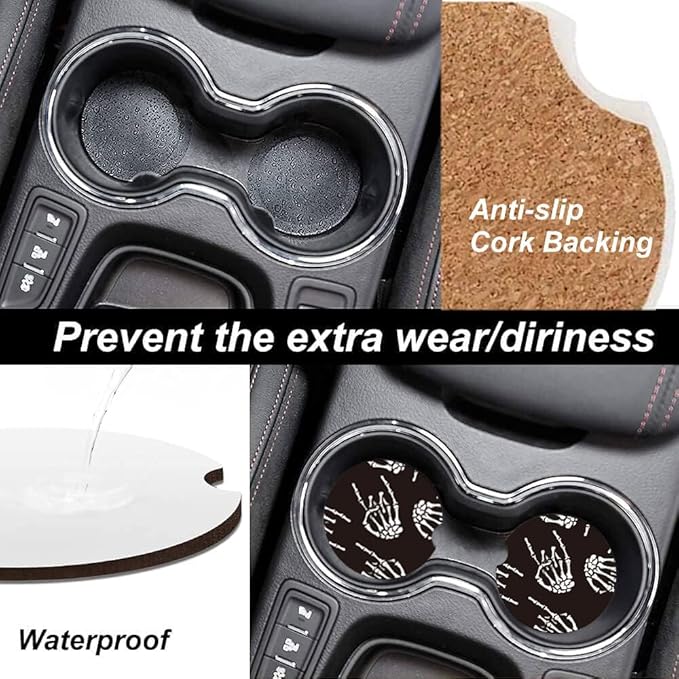 Absorbent Car Cupholder Coaster 2 Pack, Cute Car Coasters with a Finger Notch for Women & Men,2.56" Ceramic Stone & Non-Scratch Cork Base Drink Coasters, Cute Auto Accessories Gifts