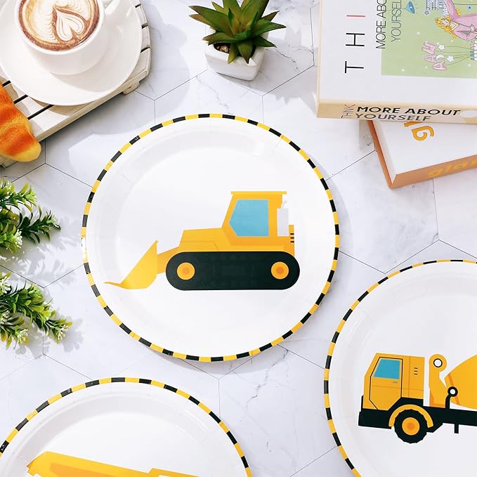 Whaline 40Pcs Construction Birthday Party Paper Plates Dump Truck Disposable Plates 4 Designs Tableware for Boys Kids Birthday Party Supplies Table Decor, 9 in