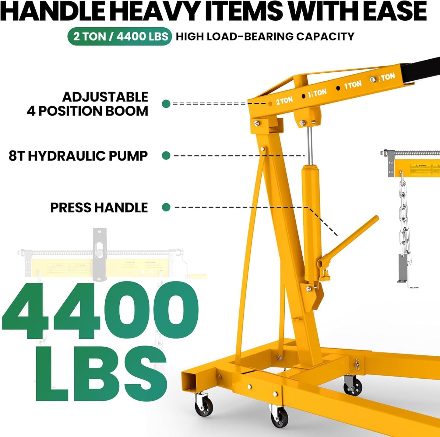 Engine Lift with Load Leveler,2T Heavy Duty Alloy Steel Folding Cherry Picker Engine Lift,Cherry Picker Workshop Crane,8Ton Hydraulic Engine Crane,Engine Lift for Workshop Warehouse Garage (Yellow)