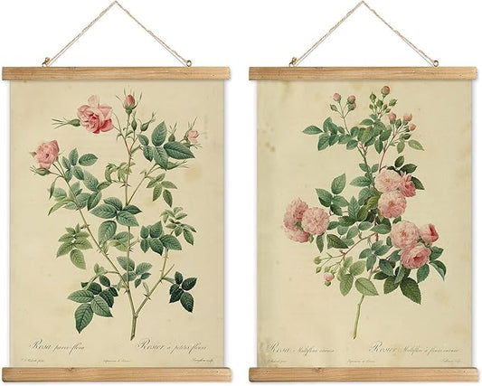 XIAOAIKA 2 Pack Vintage Rose Botanical Prints Poster - Antique Flower Illustrations with Wooden Scroll Frame - Elegant Wall Art for Home Decor, Garden Enthusiast, or Floral Designer 16 x 23 Inches