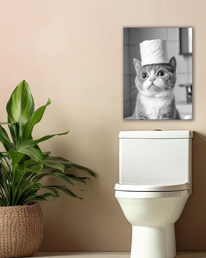 UPWOIGH Bathroom Wall Art Decor, Black and White Cat Toilet Paper Wall Art, Wood Framed Canvas Wall Art Animals Abstract Prints, 12"x16" High-end Pictures for Dormitory Kids Room,1 Pack