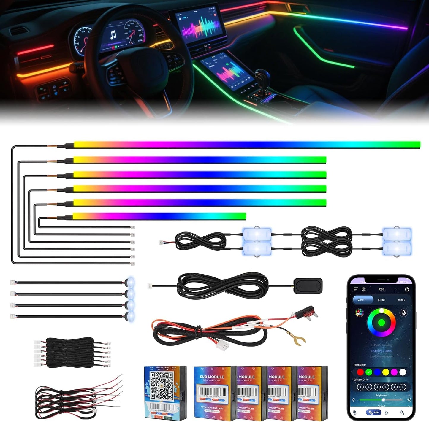 2025 Upgraded Dreamcolor Acrylic Interior Car LED Strip Light with Self-Developed App Dreamcolor RGB 14 in 1 | Dual Zone Control | Super Brighter Strips | Music Sync Ambient Lighting Car Interior
