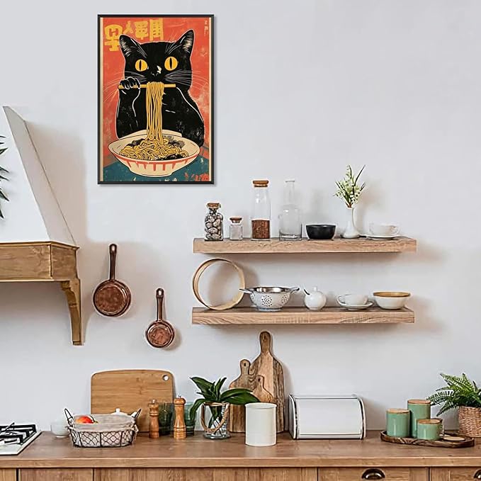 Vintage Cute Black Cat Eats Lamian Noodles Poster Prints Lamian Noodles Canvas Wall Art Cute Black Cat For Home Bedroom Kitchen Dorm Wall Decor 16x24in Black Frame