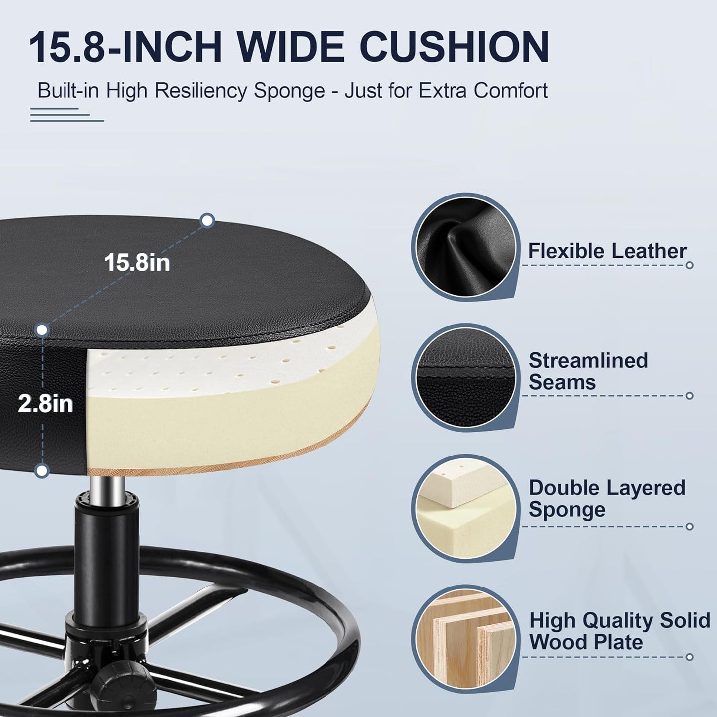 Drafting Chair with Backrest – Adjustable Foot Rest Rolling Stool with Wheels, PU Leather Swivel Stool for Office Spa Studio Lab Counter Salon Home Work Bar Kitchen Shop(Black)