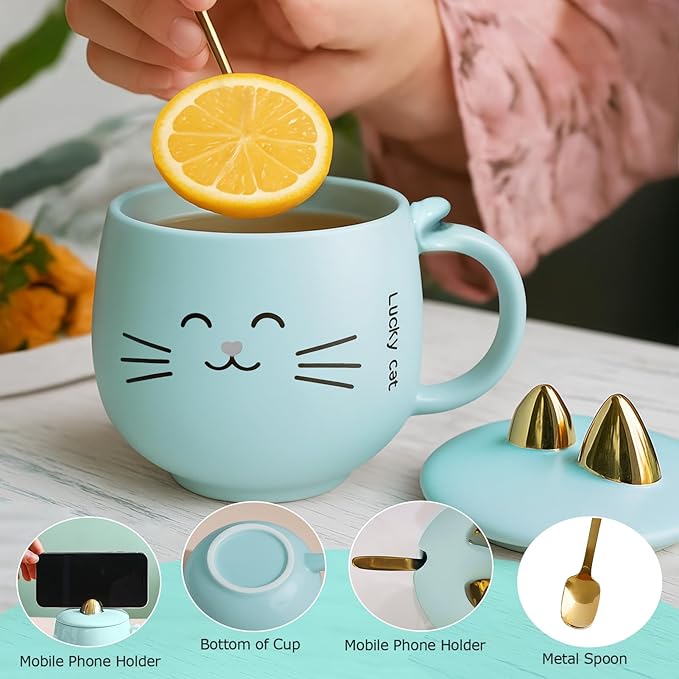 Yuwu Cat Ceramic Coffee Mug with Spoon & Lid, 13.5 oz Novelty Mug with Phone Stand Lid, Cute Tea Cup for Women & Cat Enthusiasts (Blue)