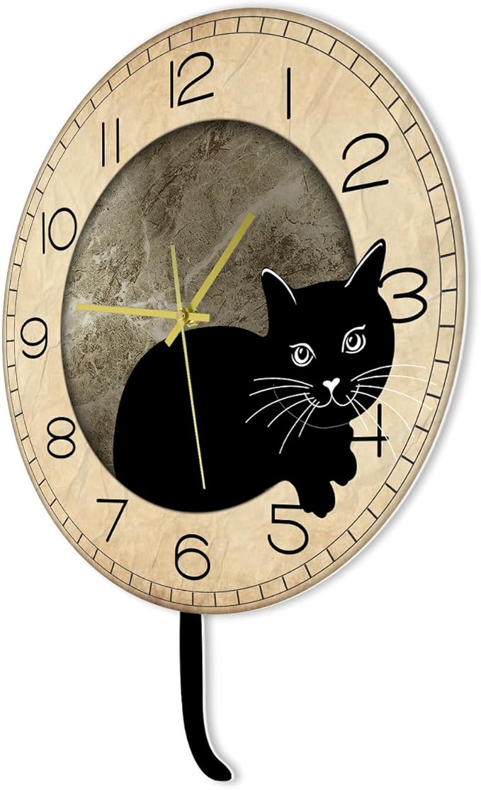 Black Cat Clock with Moving Tail Vintage, Funny Cat Wall Clock with Swinging Tail Silent Non Ticking Battery Operated Creative DIY Pendulum Wall Clock Black Kitty Decor Gift for Cat Lovers